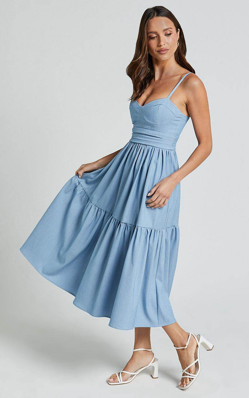 Showpo Gem Midi Dress - Strappy Sweetheart Tier Dress Light Blue | QYOAXP957