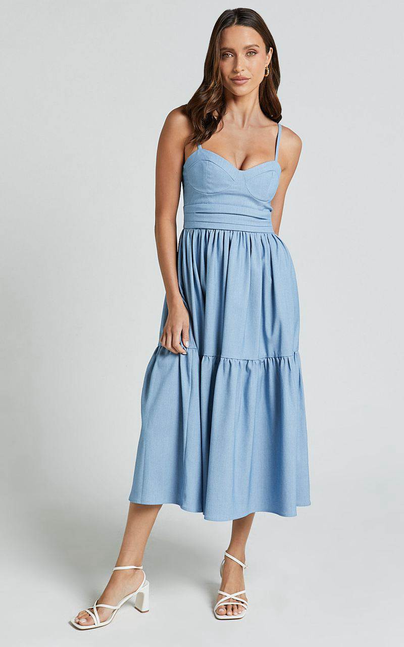 Showpo Gem Midi Dress - Strappy Sweetheart Tier Dress Light Blue | QYOAXP957