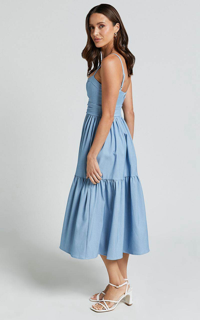 Showpo Gem Midi Dress - Strappy Sweetheart Tier Dress Light Blue | QYOAXP957