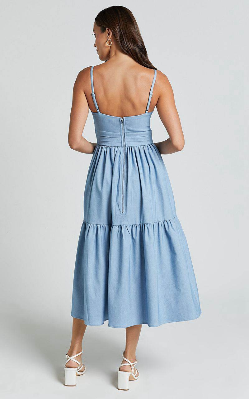 Showpo Gem Midi Dress - Strappy Sweetheart Tier Dress Light Blue | QYOAXP957