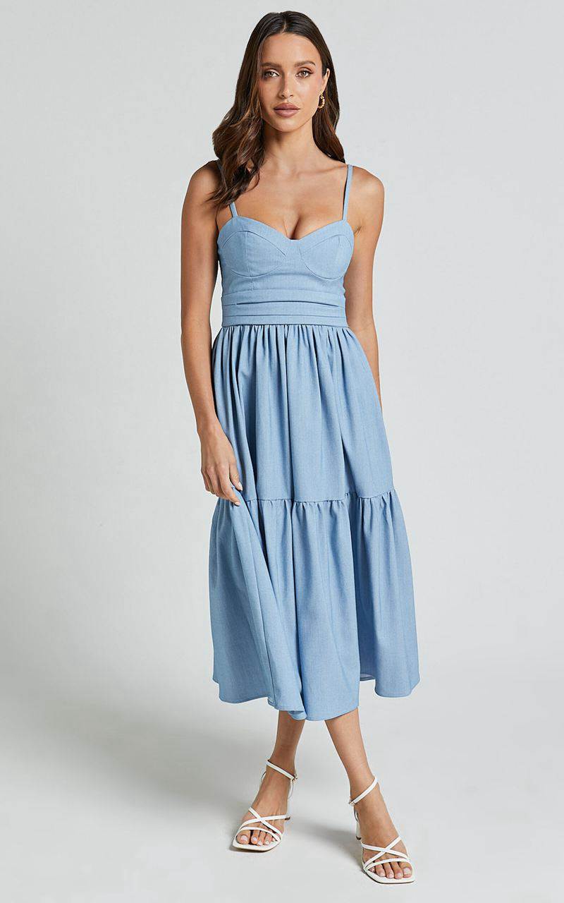 Showpo Gem Midi Dress - Strappy Sweetheart Tier Dress Light Blue | QYOAXP957