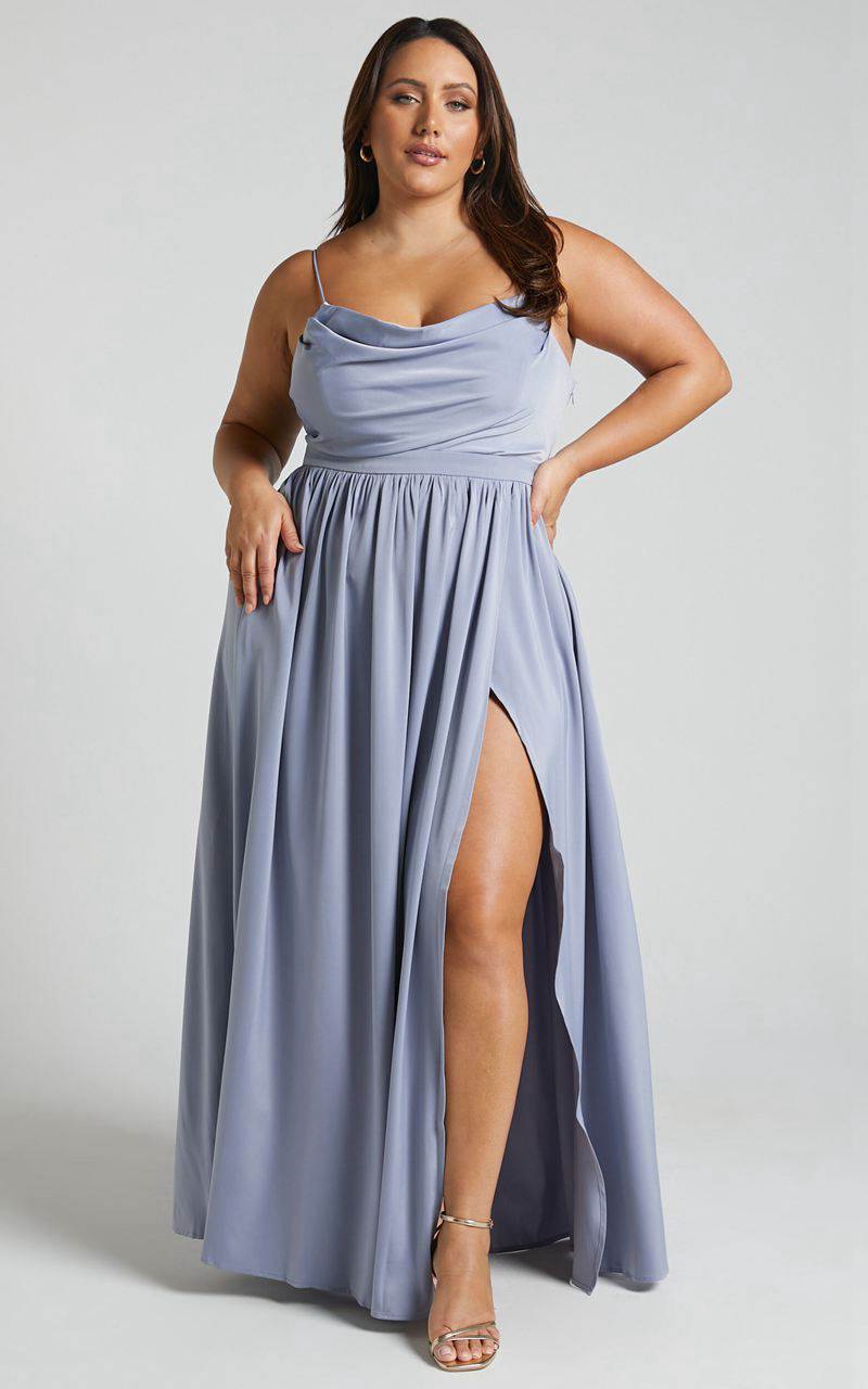 Showpo Gemalyn Maxi Dress - Cowl Neck Thigh Split Dress Sky Blue | CKDRPA680