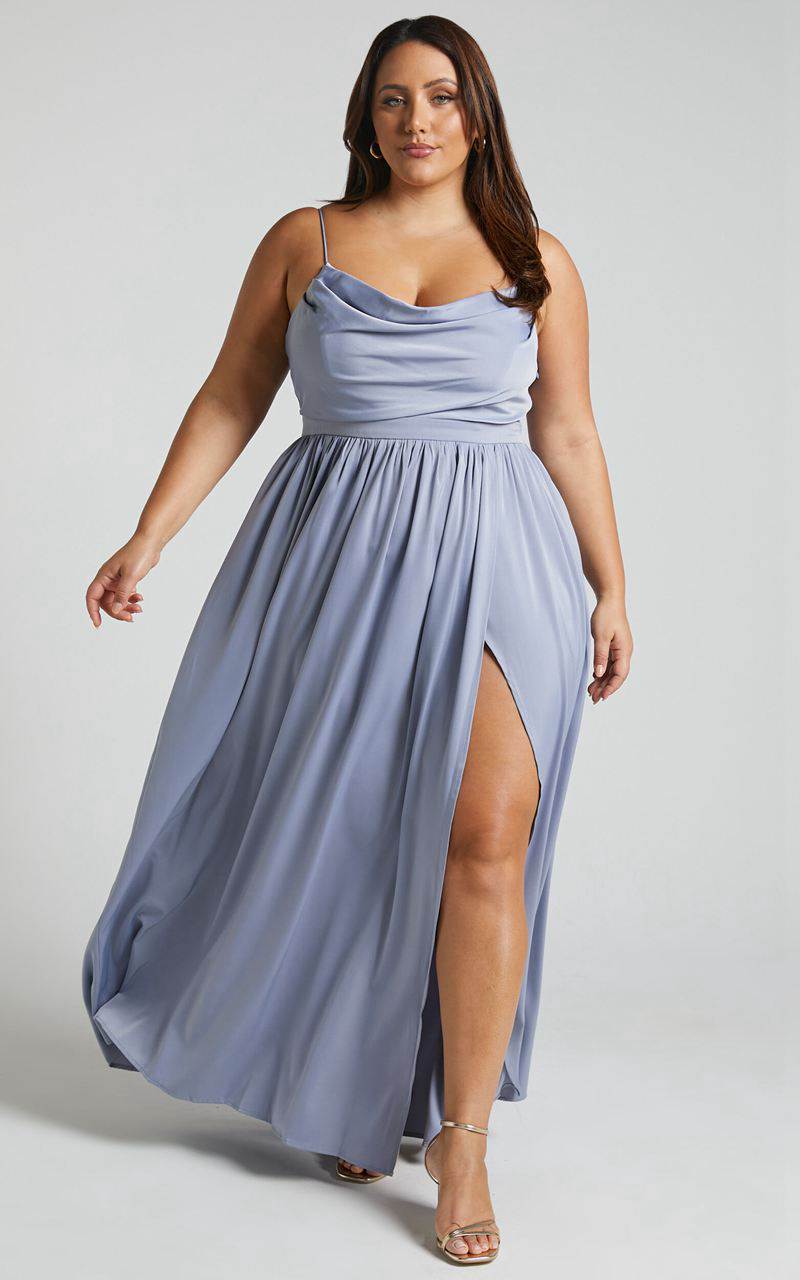 Showpo Gemalyn Maxi Dress - Cowl Neck Thigh Split Dress Sky Blue | CKDRPA680