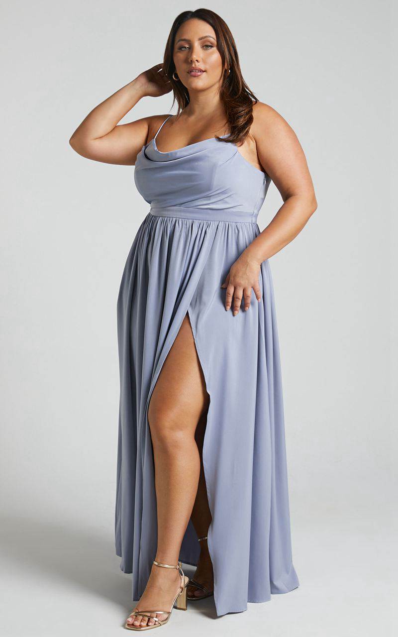 Showpo Gemalyn Maxi Dress - Cowl Neck Thigh Split Dress Sky Blue | CKDRPA680