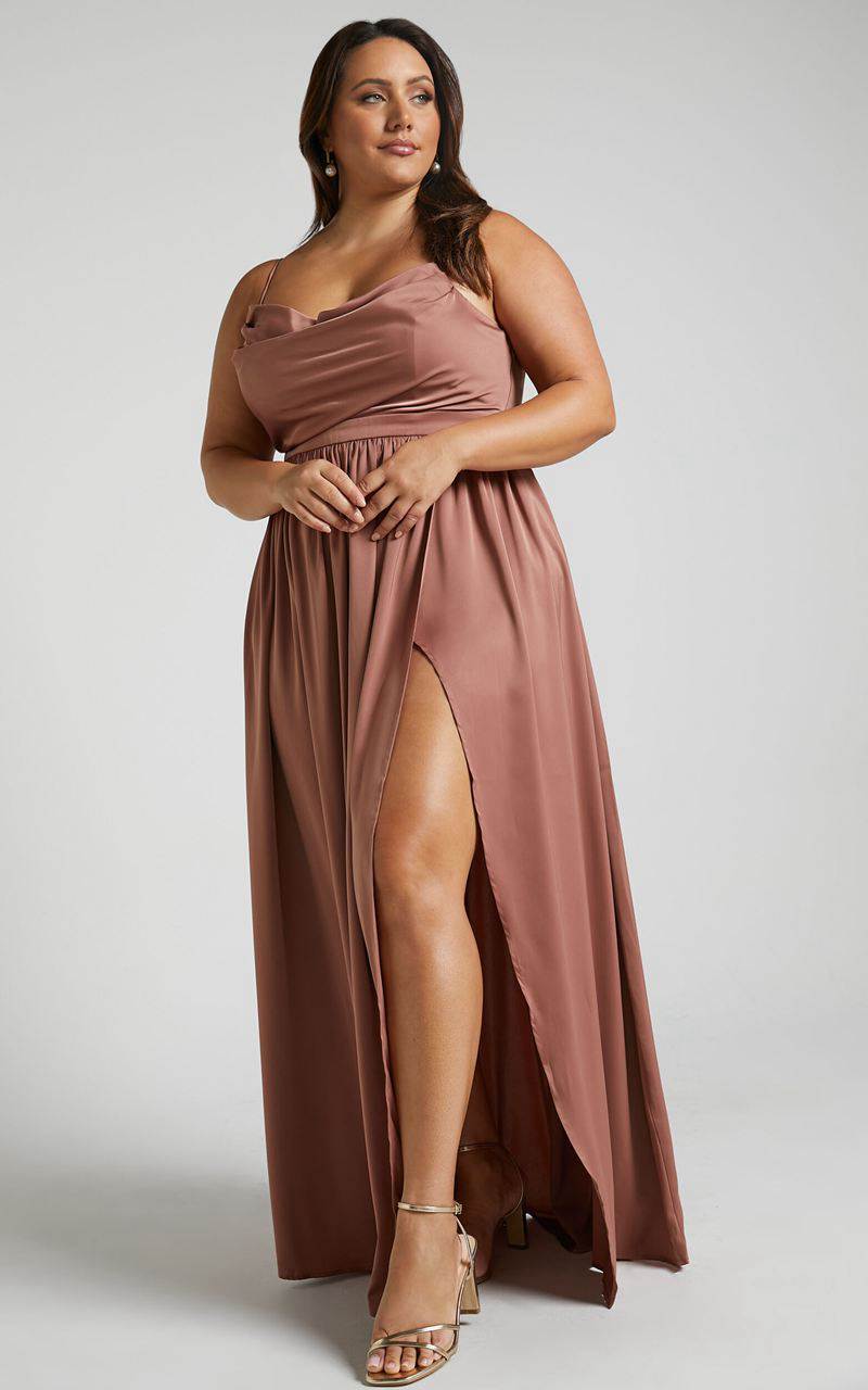 Showpo Gemalyn Maxi Dress - Cowl Neck Thigh Split Dress Dusty Rose | EQHUDC132