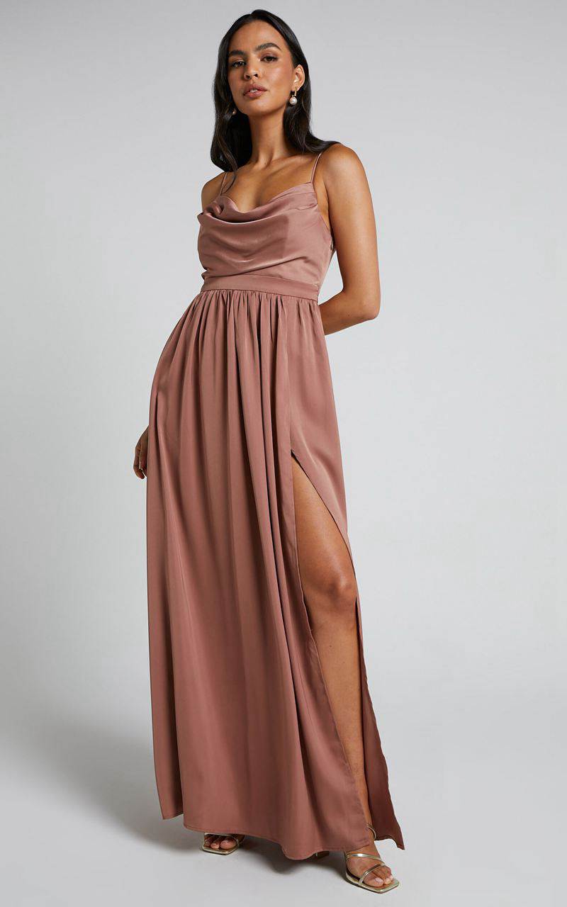 Showpo Gemalyn Maxi Dress - Cowl Neck Thigh Split Dress Dusty Rose | EQHUDC132