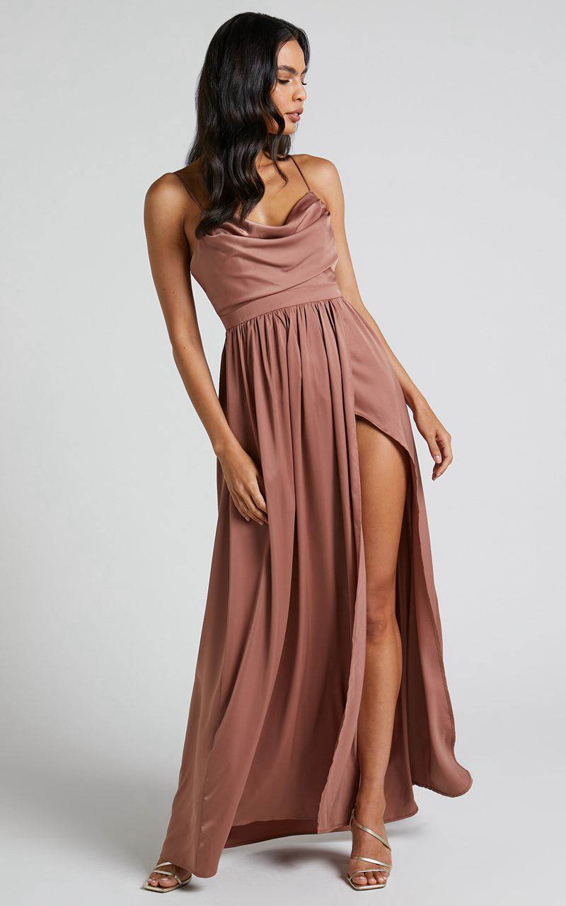 Showpo Gemalyn Maxi Dress - Cowl Neck Thigh Split Dress Dusty Rose | EQHUDC132