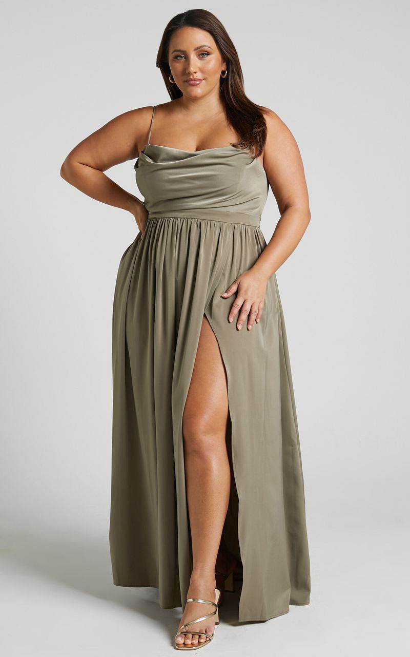 Showpo Gemalyn Maxi Dress - Cowl Neck Thigh Split Dress Olive | MNERLQ765