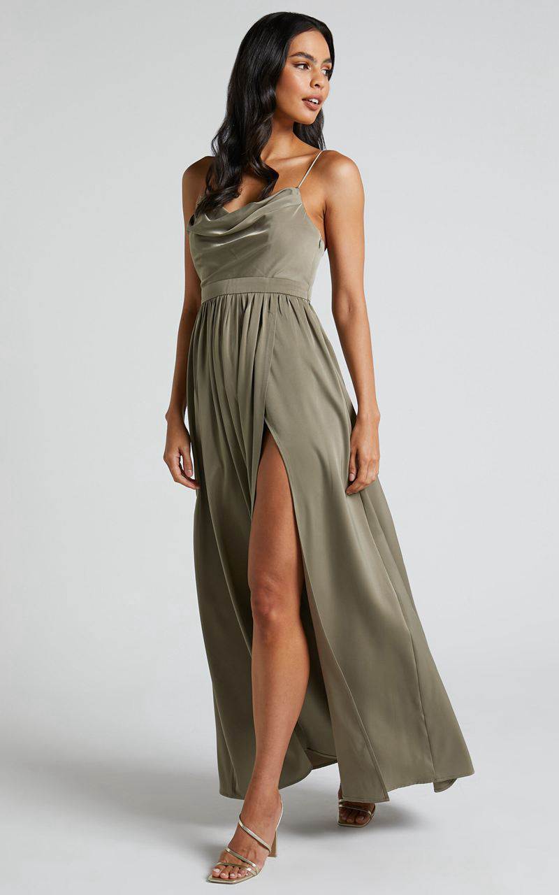 Showpo Gemalyn Maxi Dress - Cowl Neck Thigh Split Dress Olive | MNERLQ765