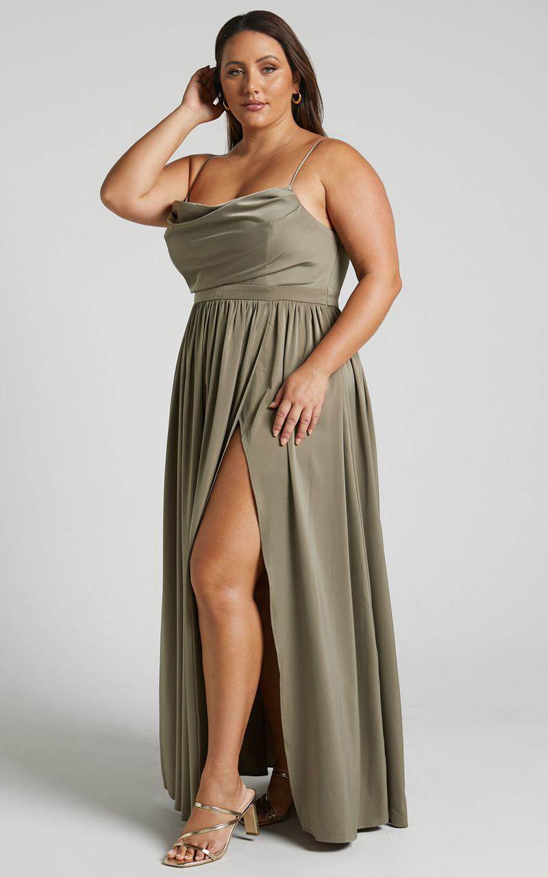 Showpo Gemalyn Maxi Dress - Cowl Neck Thigh Split Dress Olive | MNERLQ765