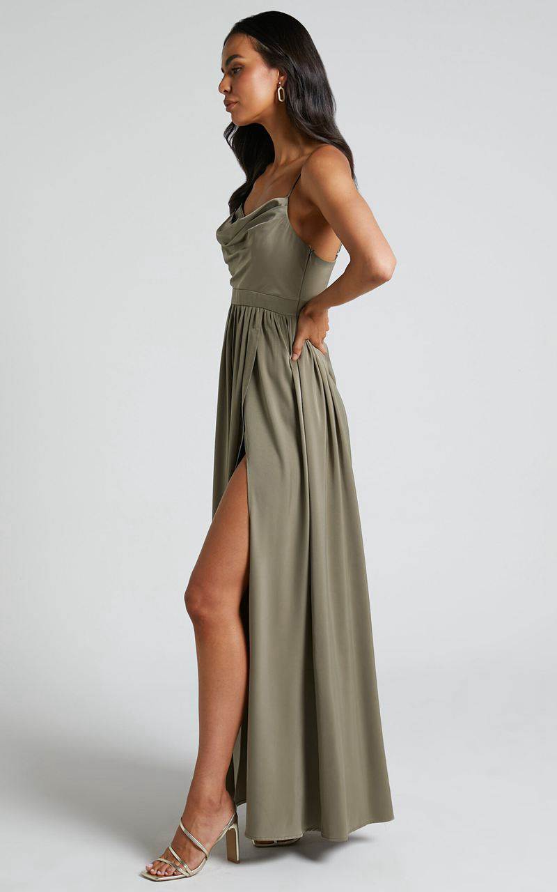 Showpo Gemalyn Maxi Dress - Cowl Neck Thigh Split Dress Olive | MNERLQ765