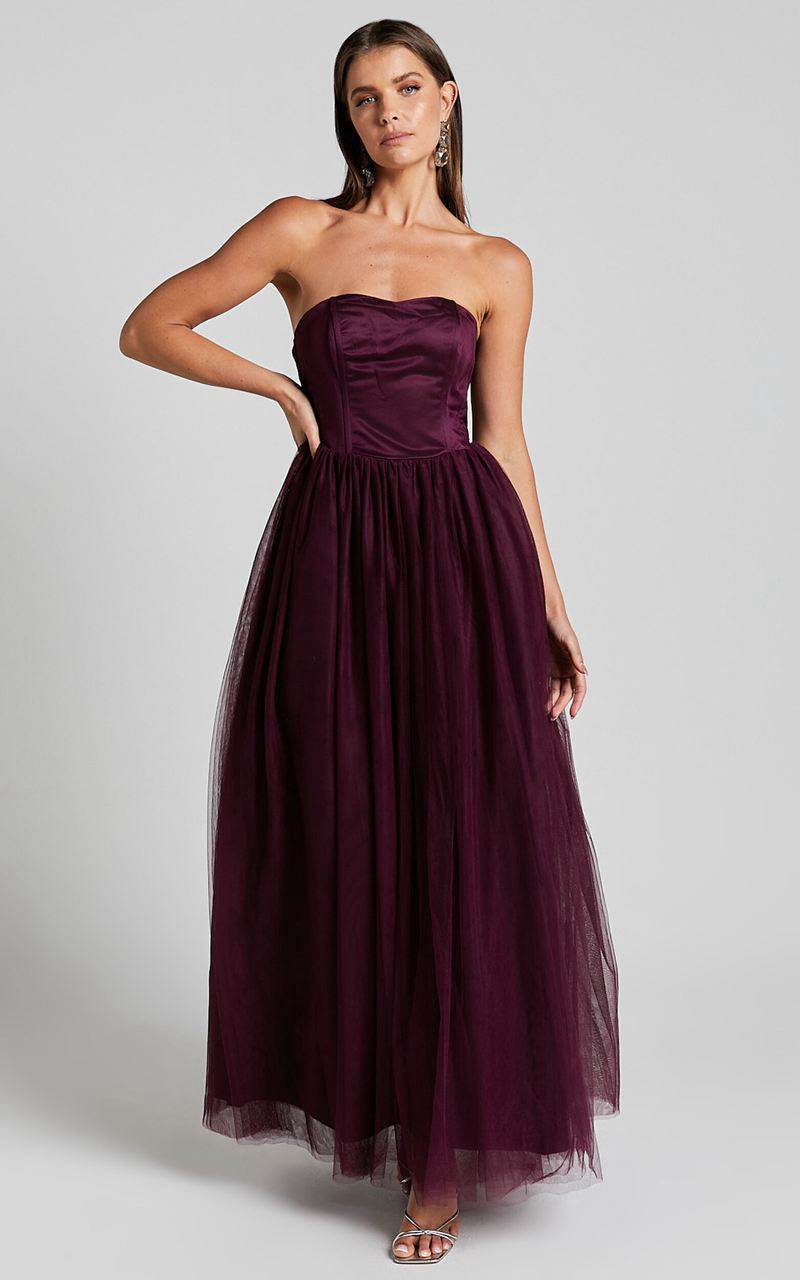 Showpo Gemma Maxi Dress - Strapless Sweetheart Tulle Fit & Flare Aubergine | YIROZJ578