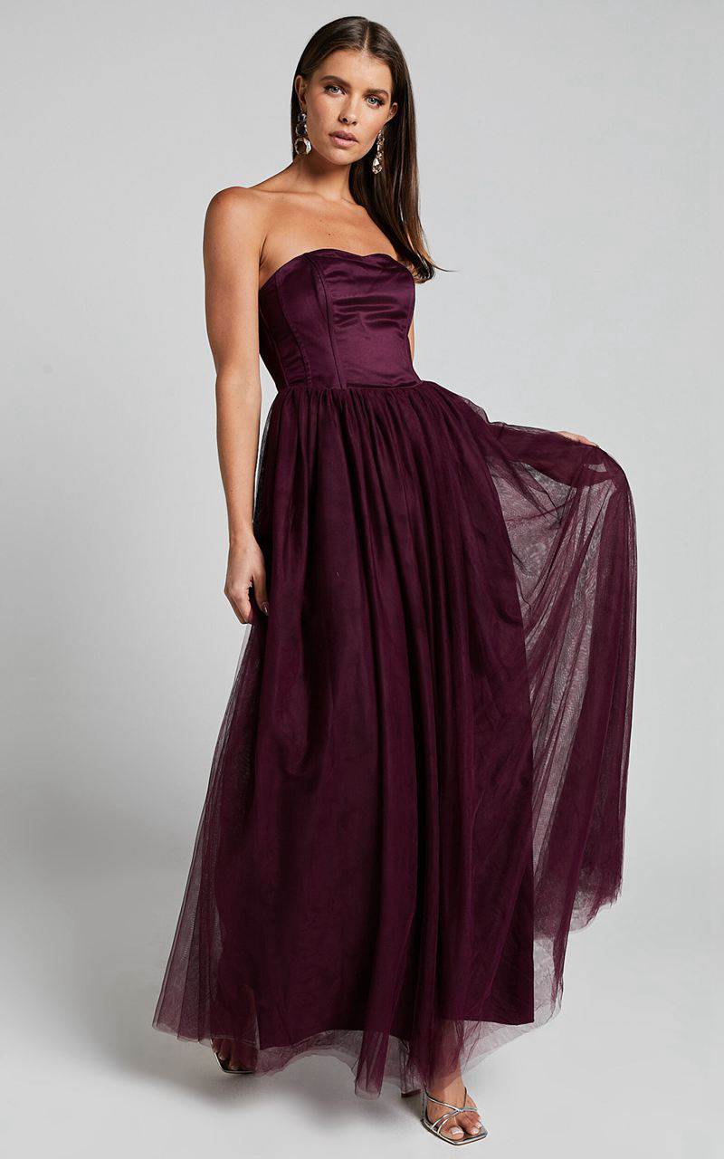 Showpo Gemma Maxi Dress - Strapless Sweetheart Tulle Fit & Flare Aubergine | YIROZJ578