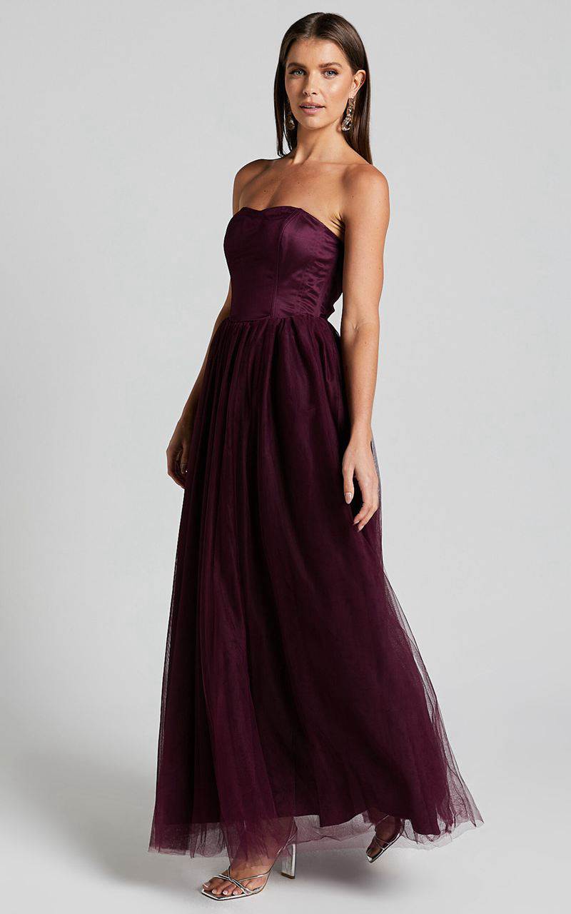 Showpo Gemma Maxi Dress - Strapless Sweetheart Tulle Fit & Flare Aubergine | YIROZJ578