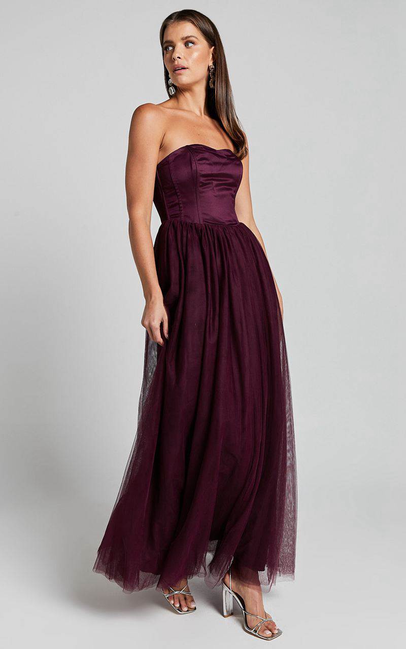 Showpo Gemma Maxi Dress - Strapless Sweetheart Tulle Fit & Flare Aubergine | YIROZJ578