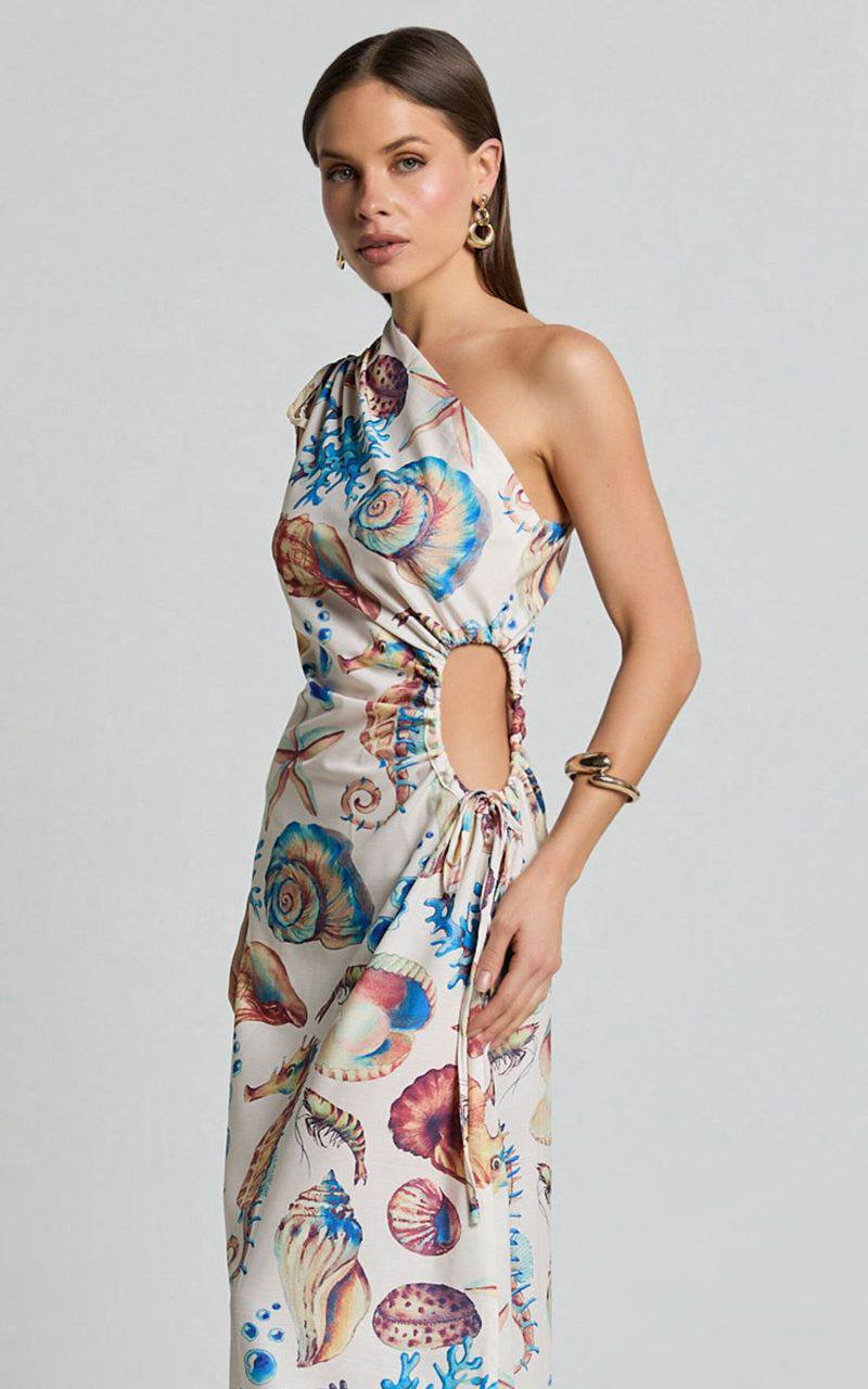 Showpo Gemma Midi Dress - One Shoulder Side Cut Out Side Slit Dress Holiday Print | NYQGZM358