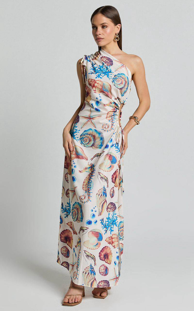 Showpo Gemma Midi Dress - One Shoulder Side Cut Out Side Slit Dress Holiday Print | NYQGZM358