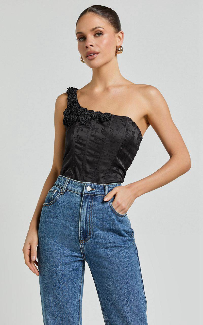 Showpo Gemma Top - One Shoulder Rosette Detail Top Black | HASUJD806