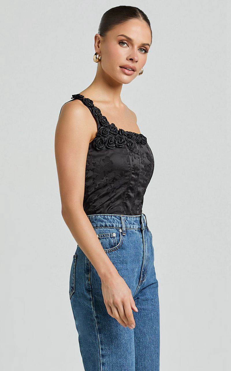 Showpo Gemma Top - One Shoulder Rosette Detail Top Black | HASUJD806