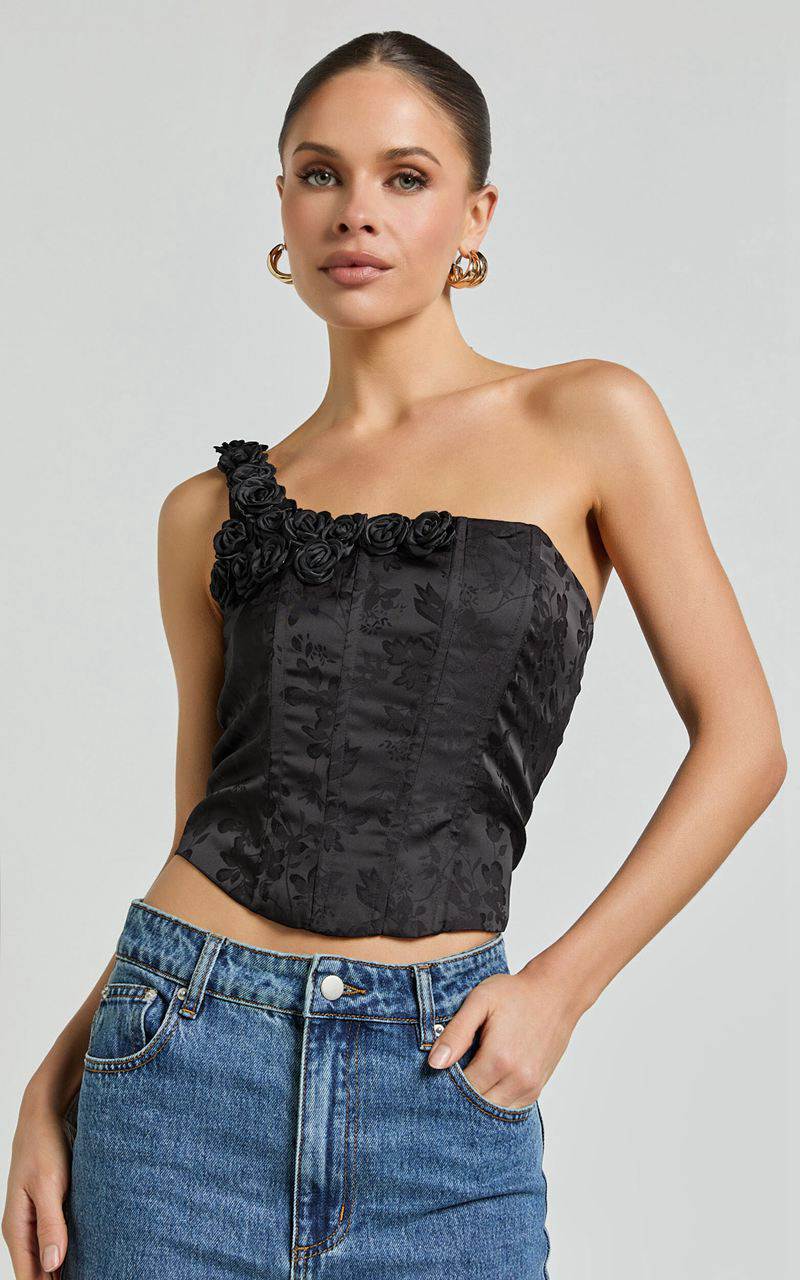 Showpo Gemma Top - One Shoulder Rosette Detail Top Black | HASUJD806