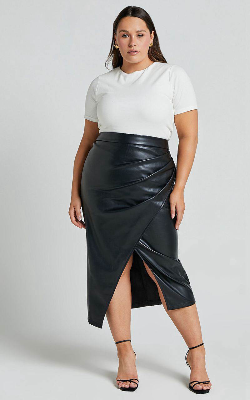 Showpo Gena Midi Skirt - Split Faux Leather Skirt Black | YMBNHU506