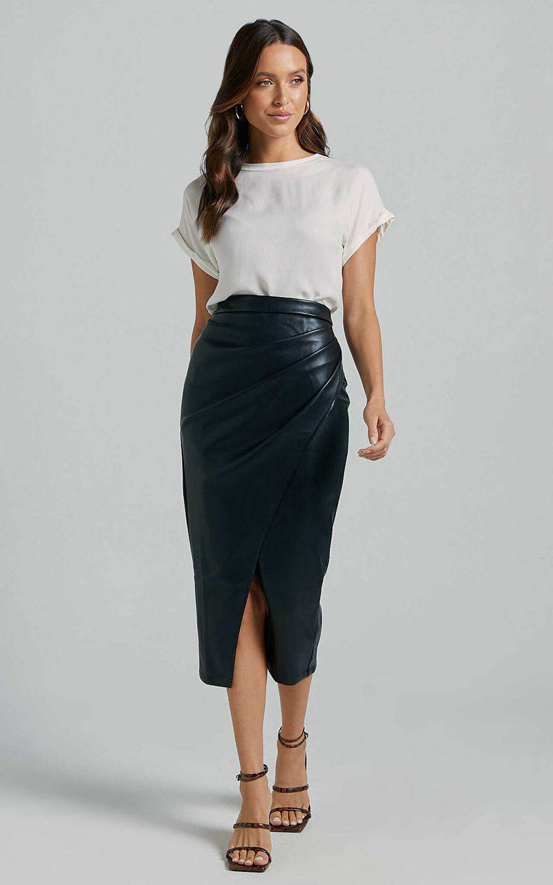 Showpo Gena Midi Skirt - Split Faux Leather Skirt Black | YMBNHU506