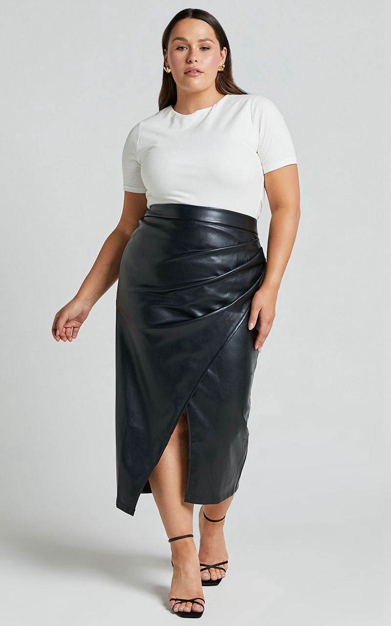 Showpo Gena Midi Skirt - Split Faux Leather Skirt Black | YMBNHU506