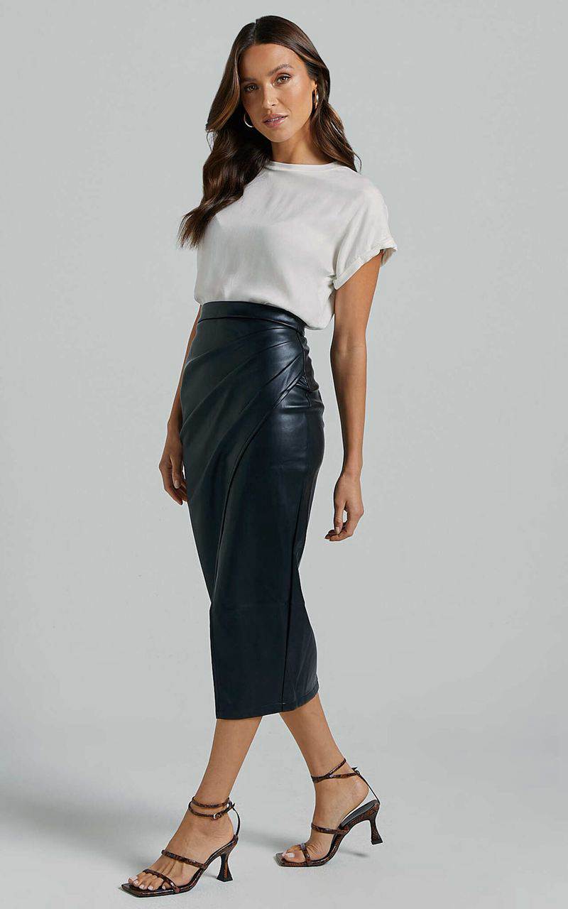 Showpo Gena Midi Skirt - Split Faux Leather Skirt Black | YMBNHU506