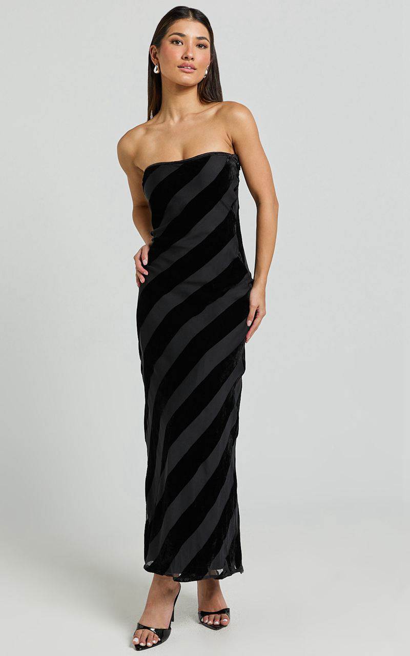 Showpo Genevieve Midi Dress - Strapless Stripe Burnout Dress Black Stripe | KTFGOS817