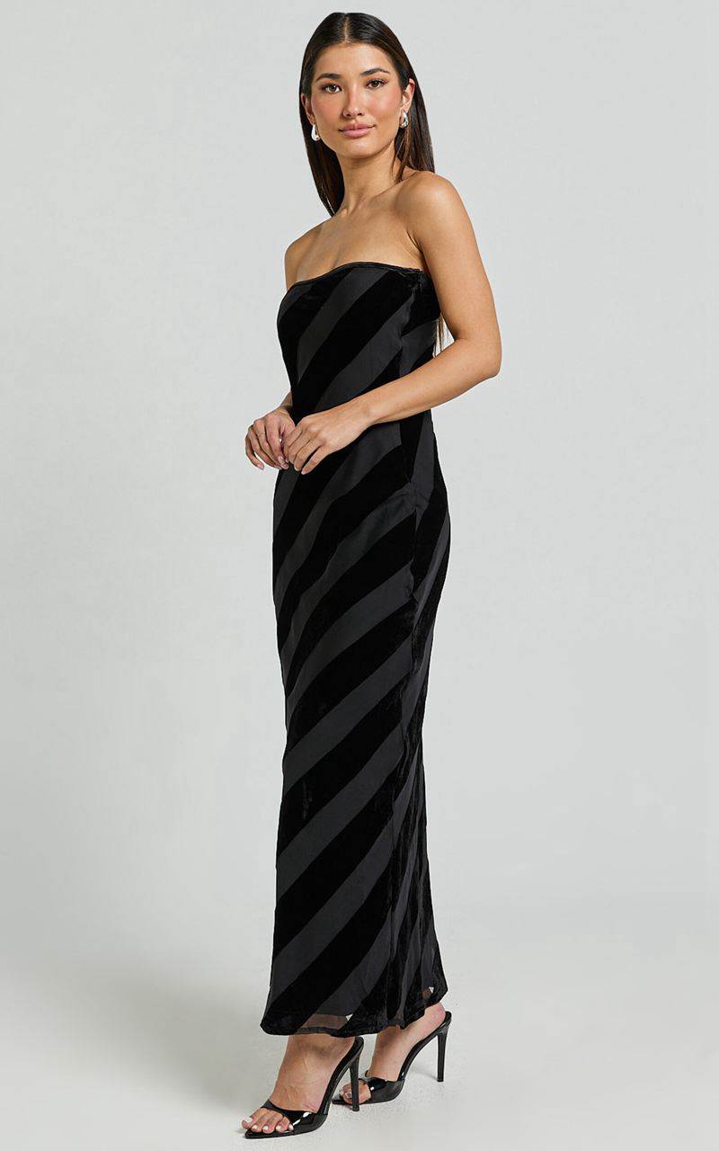 Showpo Genevieve Midi Dress - Strapless Stripe Burnout Dress Black Stripe | KTFGOS817