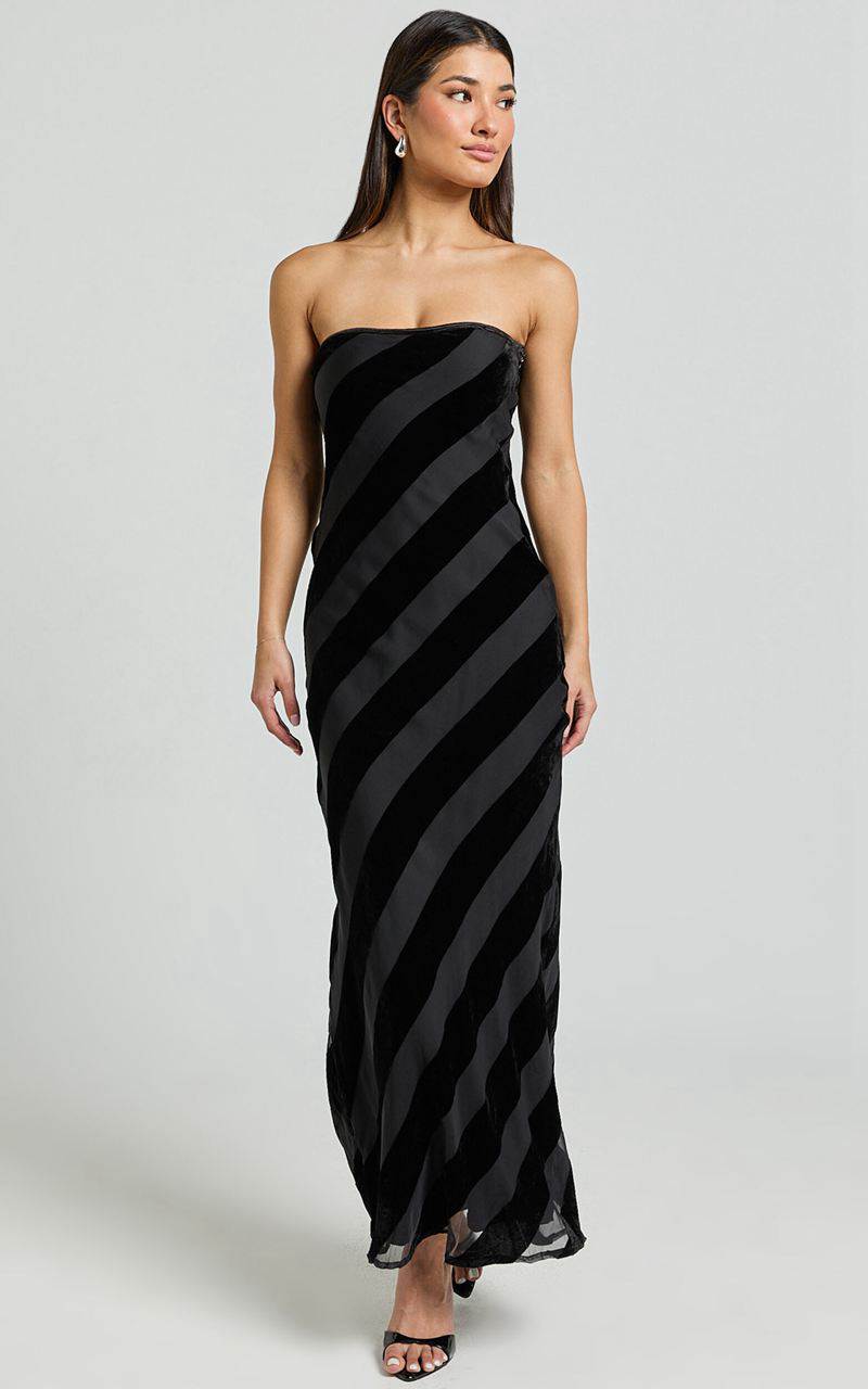 Showpo Genevieve Midi Dress - Strapless Stripe Burnout Dress Black Stripe | KTFGOS817