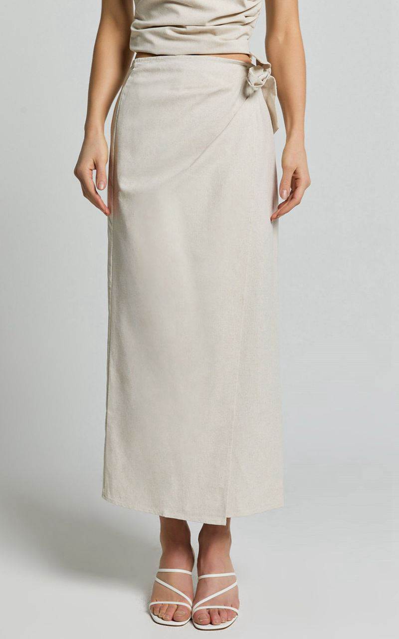 Showpo Genna Midi Skirt - Linen Look Wrap Skirt Natural | SIZUBV673