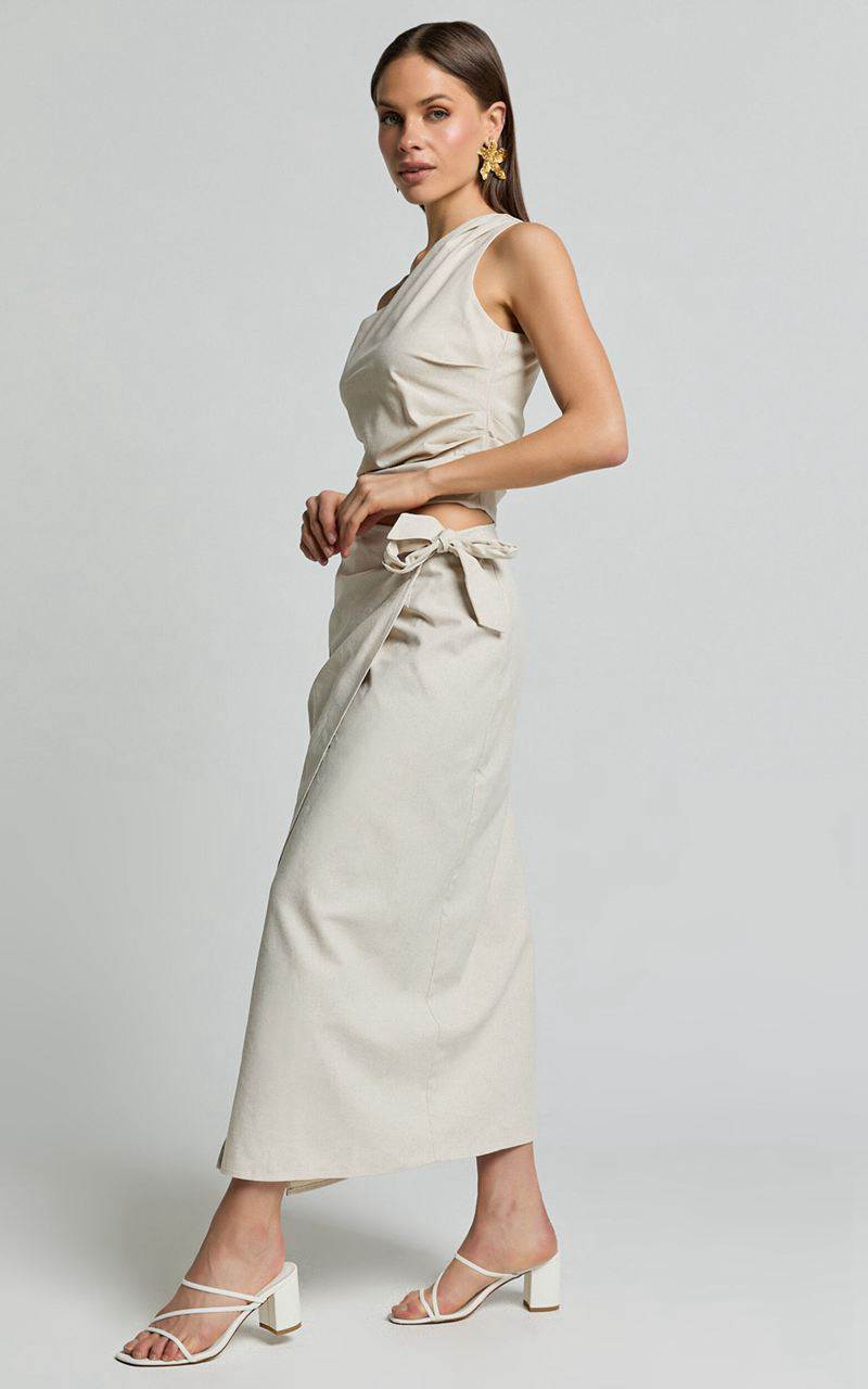 Showpo Genna Midi Skirt - Linen Look Wrap Skirt Natural | SIZUBV673