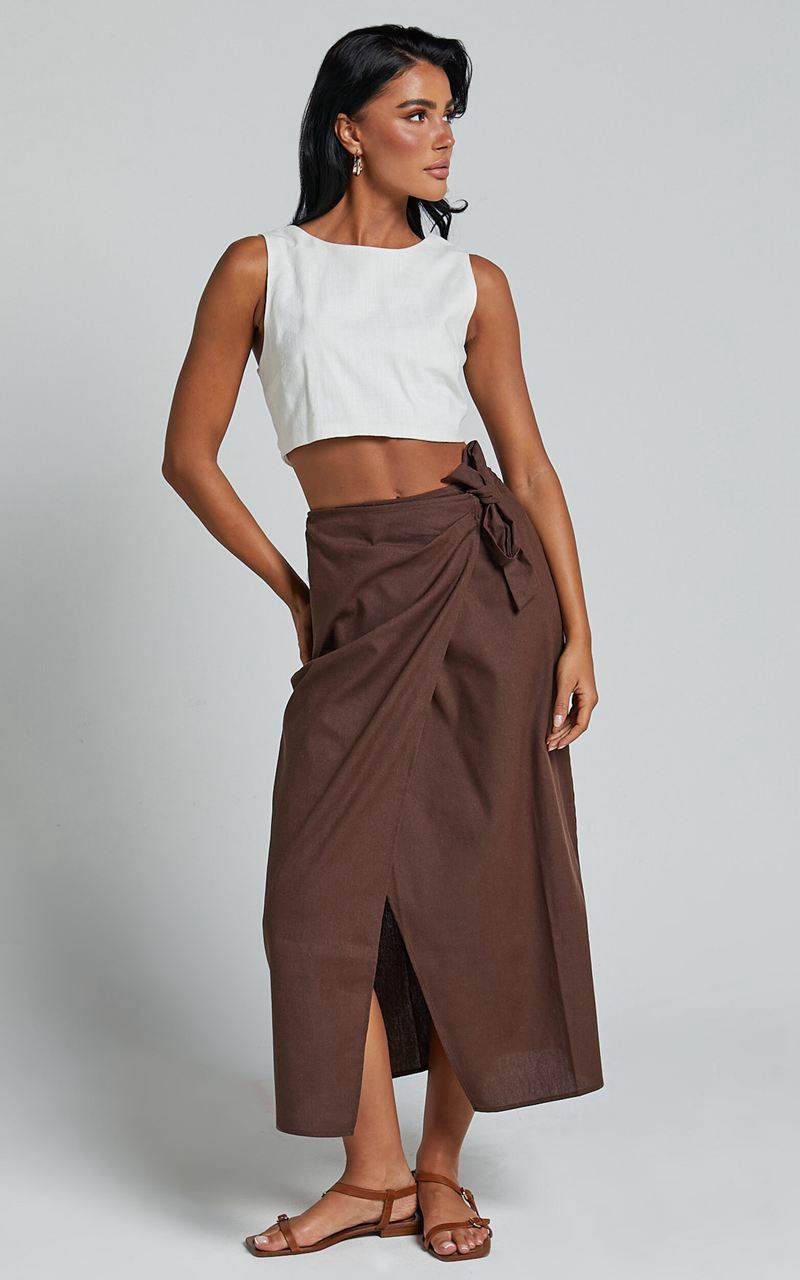 Showpo Genna Midi Skirt - Linen Look Wrap Skirt Chocolate | GCTQJR075