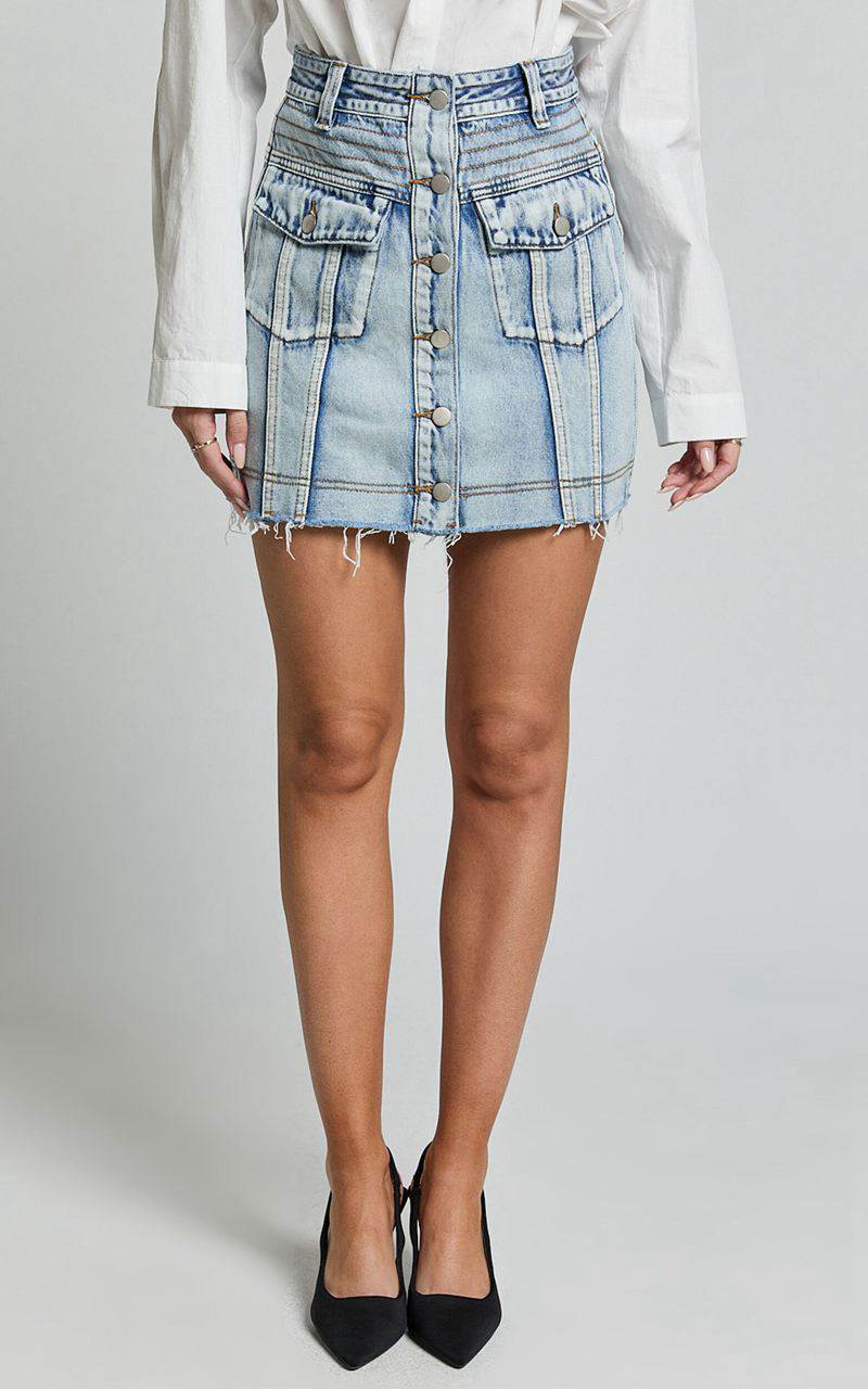 Showpo Gennlee Mini Skirt - Cotton Contrast Denim Skirt Light Wash Blue | LRBTZW035