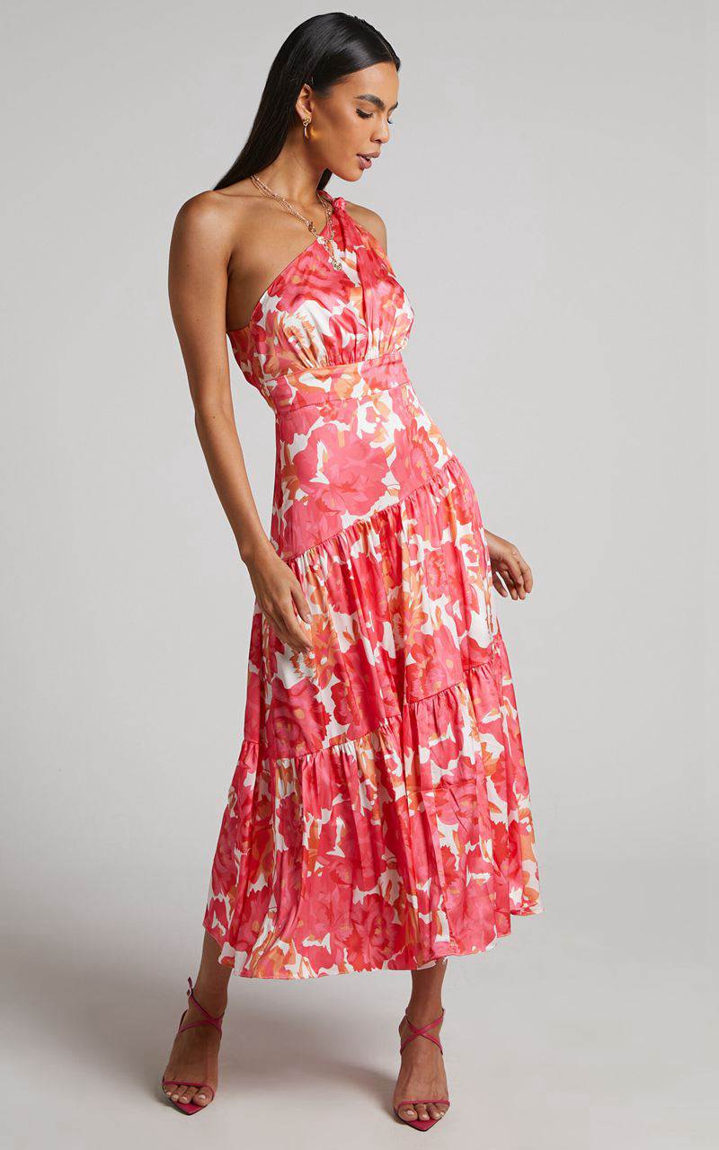 Showpo Georgine Midi Dress - One Shoulder Ruched Tiered Dress Peony Blossom | EDQYTM874