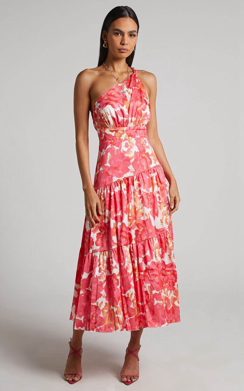 Showpo Georgine Midi Dress - One Shoulder Ruched Tiered Dress Peony Blossom | EDQYTM874