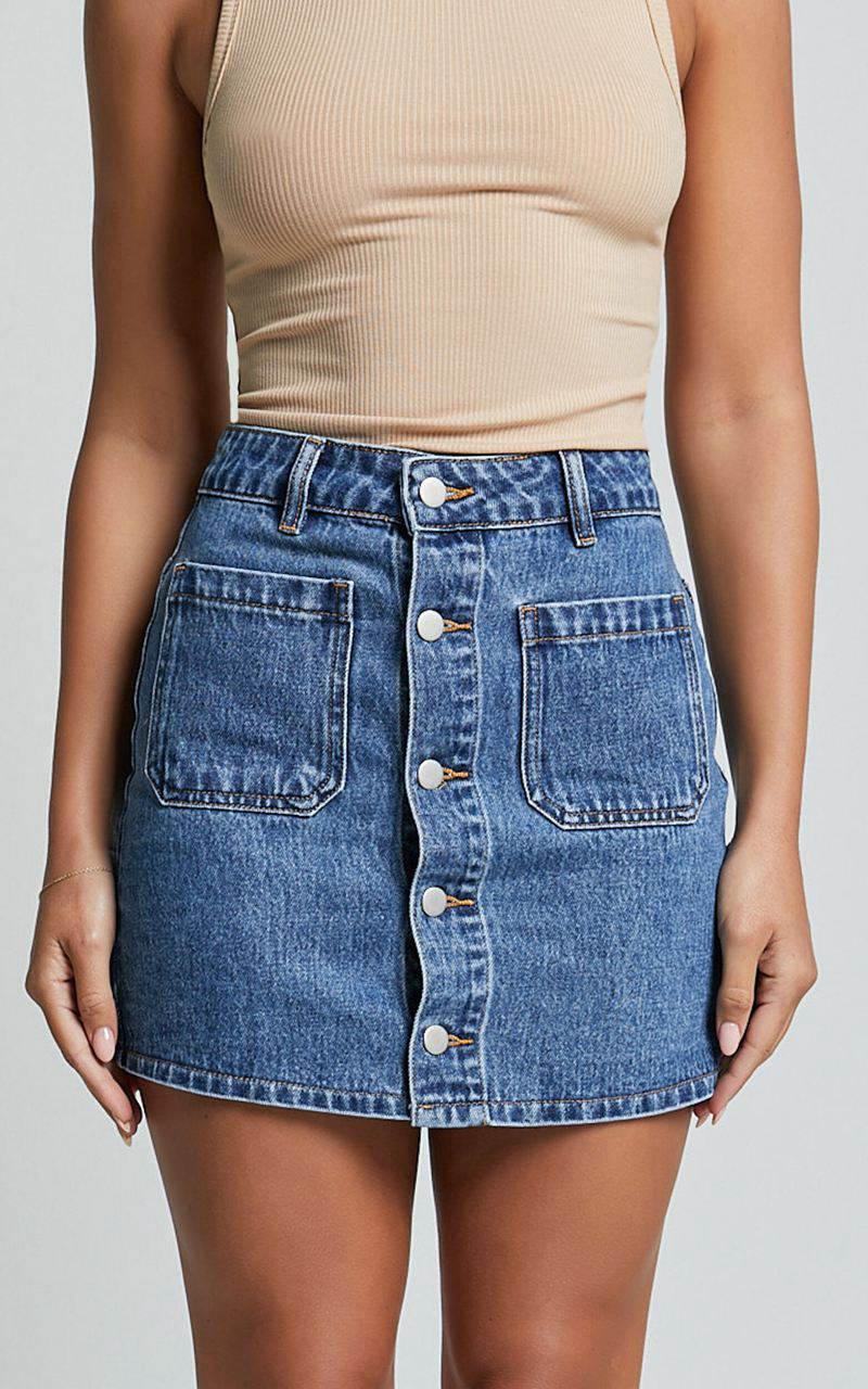 Showpo Gertrude Mini Skirt - High Waist Button Through Denim Skirt Mid Blue Wash | NCOXHZ182