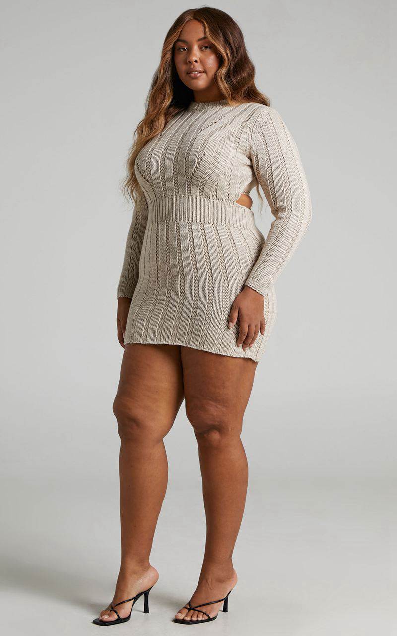 Showpo Ghamie Mini Dress - Knit Bodycon Long Sleeve Open Back Dress Beige | QEIWMB387