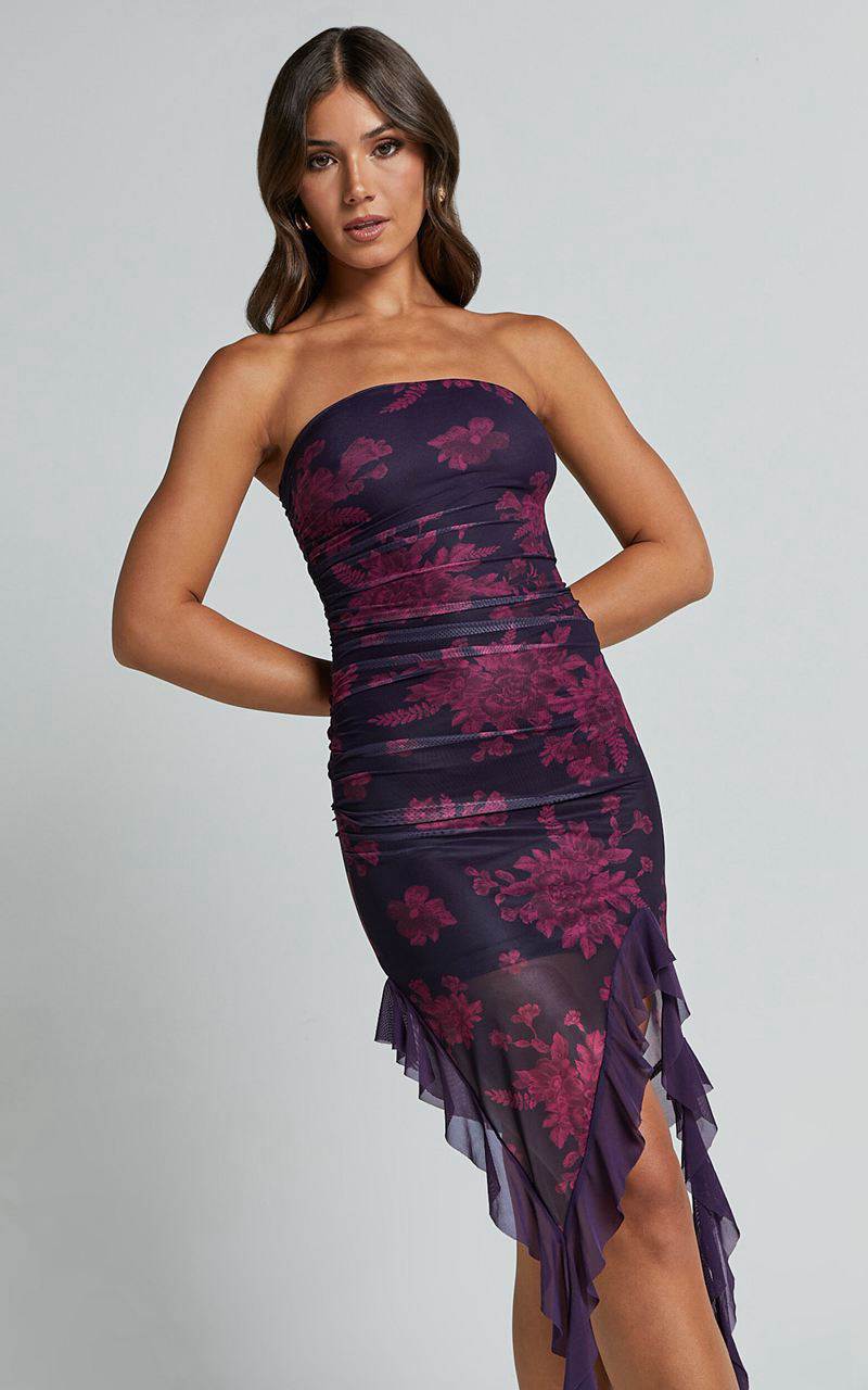 Showpo Ghelyn Midi Dress - Mesh Strapless Ruffle Detail Bodycon Dress Purple | VXMTFQ516