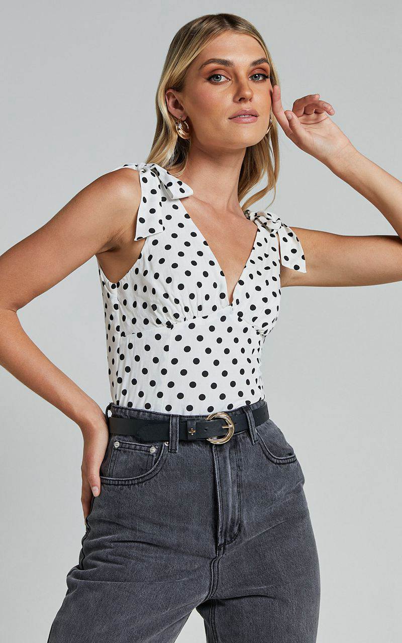 Showpo Ghent Top - Shoulder Tie Plunge Top Black And White Spot | LKWSXZ490