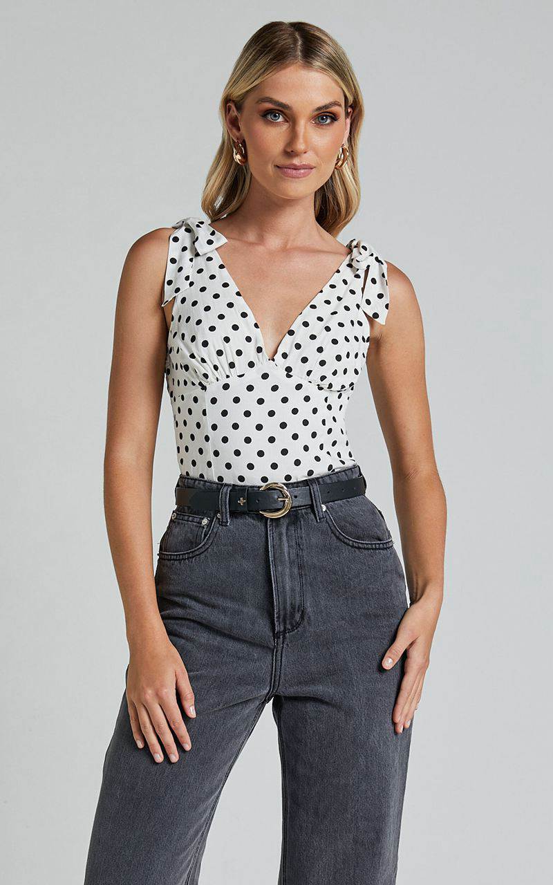 Showpo Ghent Top - Shoulder Tie Plunge Top Black And White Spot | LKWSXZ490