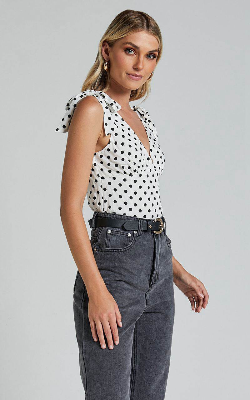 Showpo Ghent Top - Shoulder Tie Plunge Top Black And White Spot | LKWSXZ490