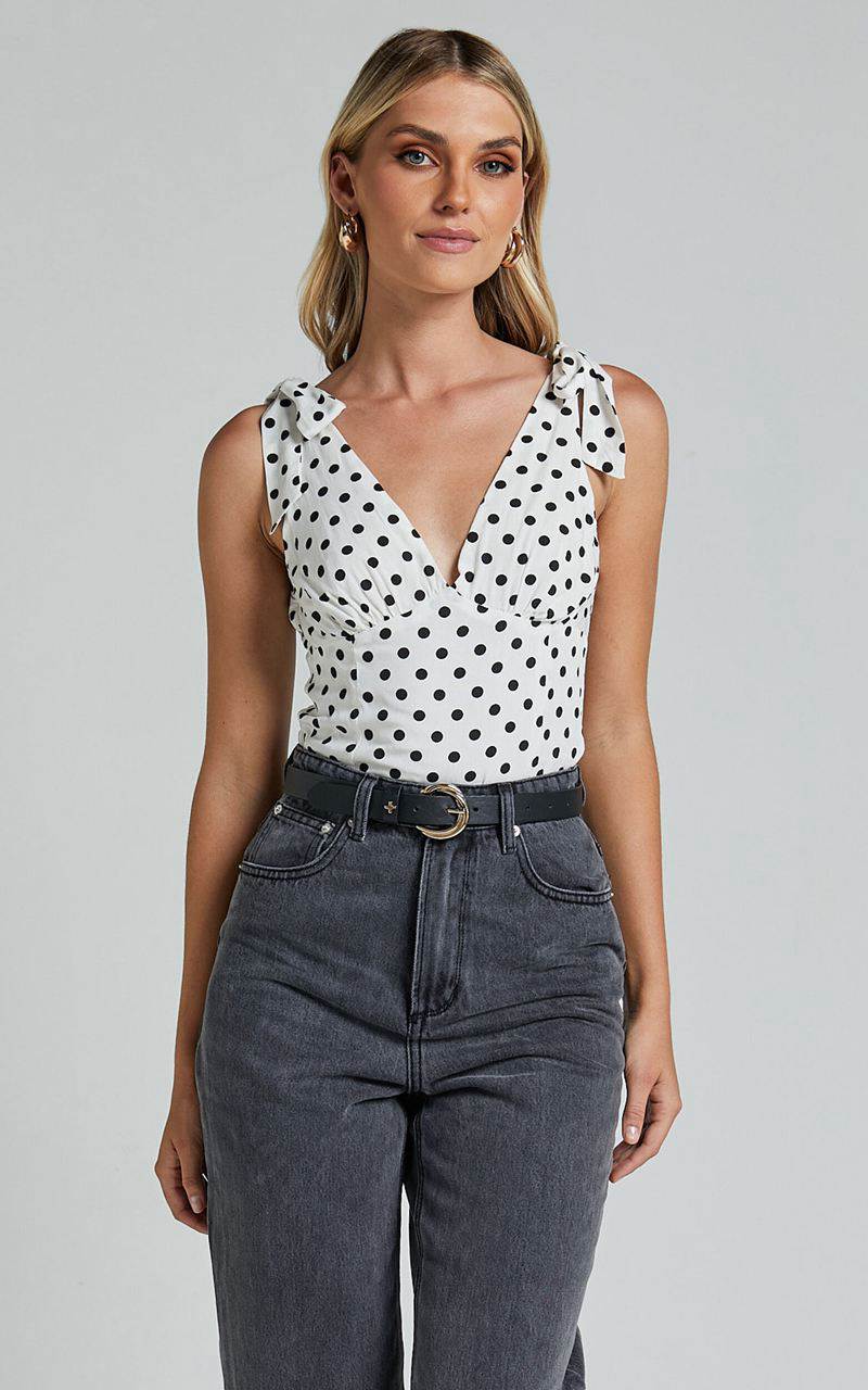 Showpo Ghent Top - Shoulder Tie Plunge Top Black And White Spot | LKWSXZ490