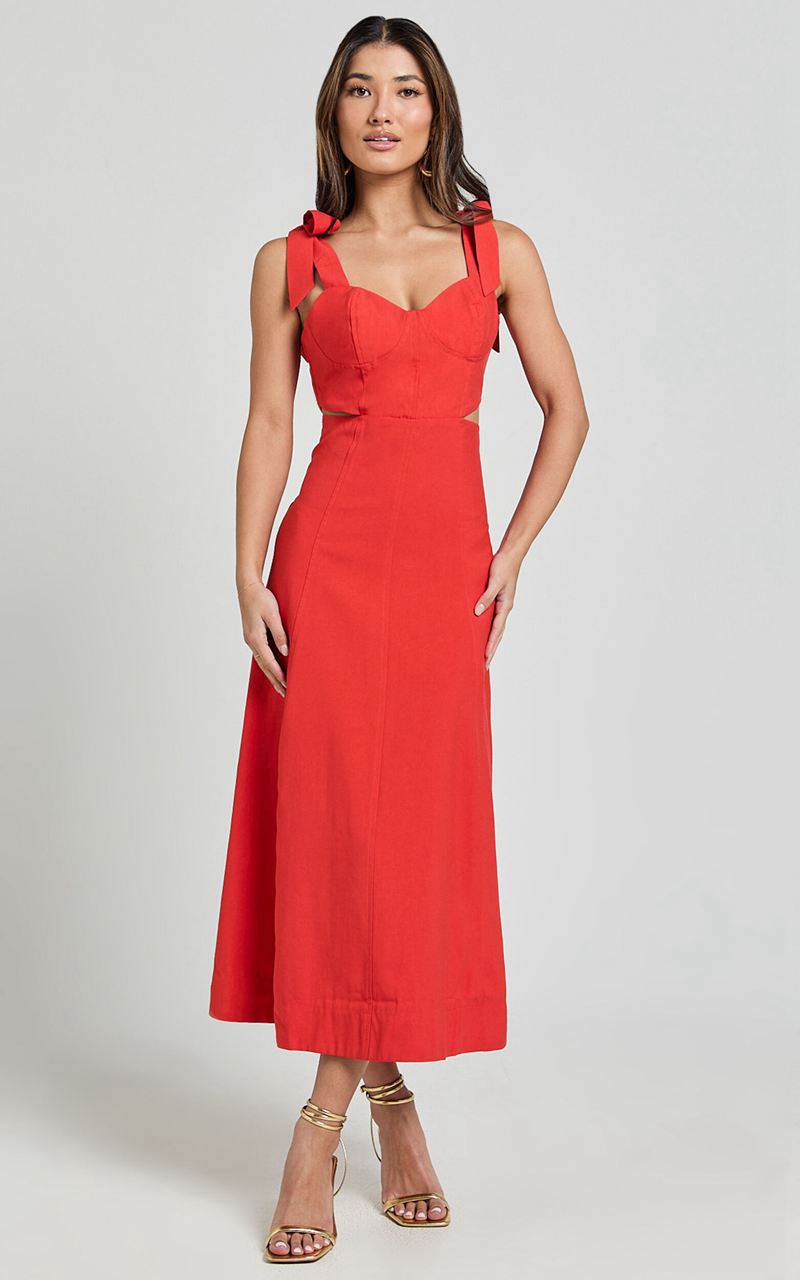 Showpo Giana Midi Dress - Shoulder Tie Cut Out Thigh Split Dress Red | AVDWUL281