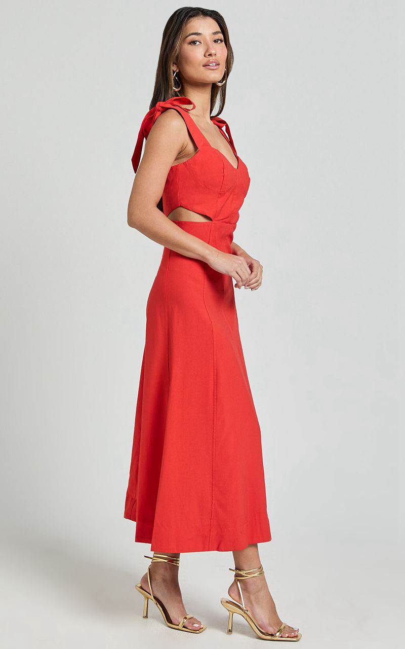 Showpo Giana Midi Dress - Shoulder Tie Cut Out Thigh Split Dress Red | AVDWUL281