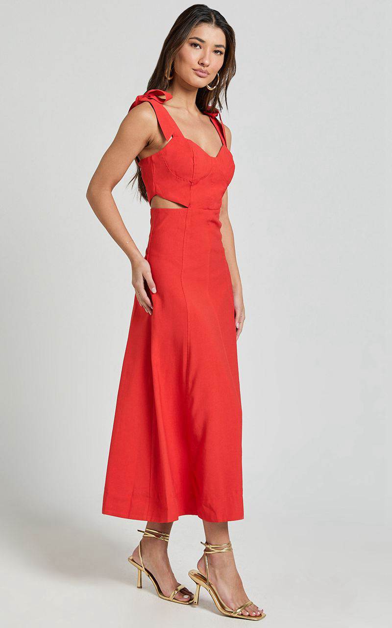 Showpo Giana Midi Dress - Shoulder Tie Cut Out Thigh Split Dress Red | AVDWUL281