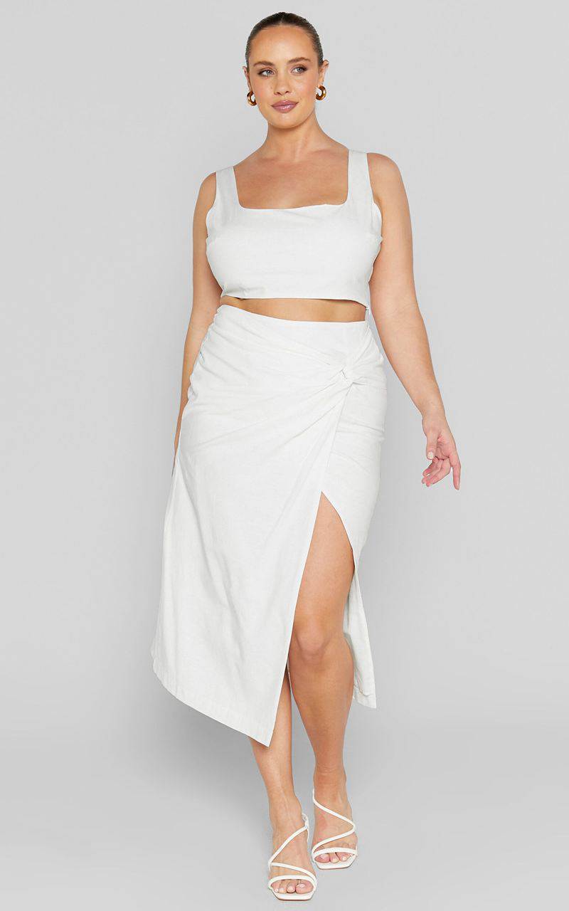 Showpo Gibson Two Piece Set - Linen Look Crop Top And Knot Front Midi Skirt Set White | ZUCDSB573