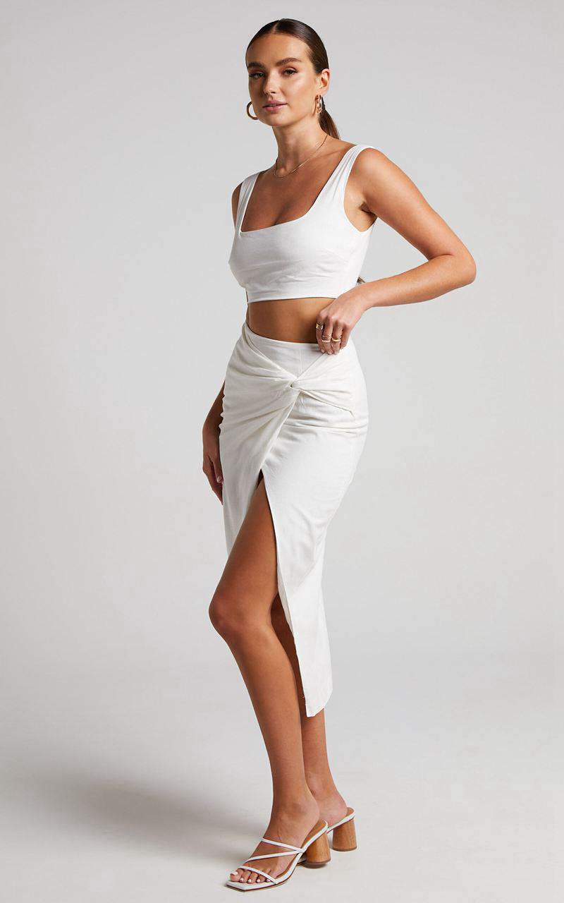 Showpo Gibson Two Piece Set - Linen Look Crop Top And Knot Front Midi Skirt Set White | ZUCDSB573