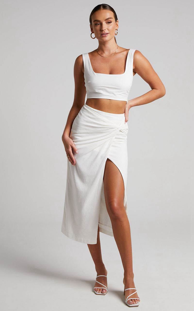 Showpo Gibson Two Piece Set - Linen Look Crop Top And Knot Front Midi Skirt Set White | ZUCDSB573